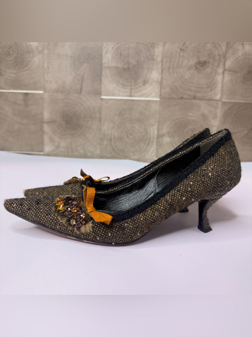 Vtg Prada Green Tweed Crystal Embellished Kitten Heels 38.5